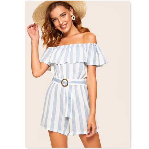 Pants - Striped ruffle trim belted off the shoulder romper